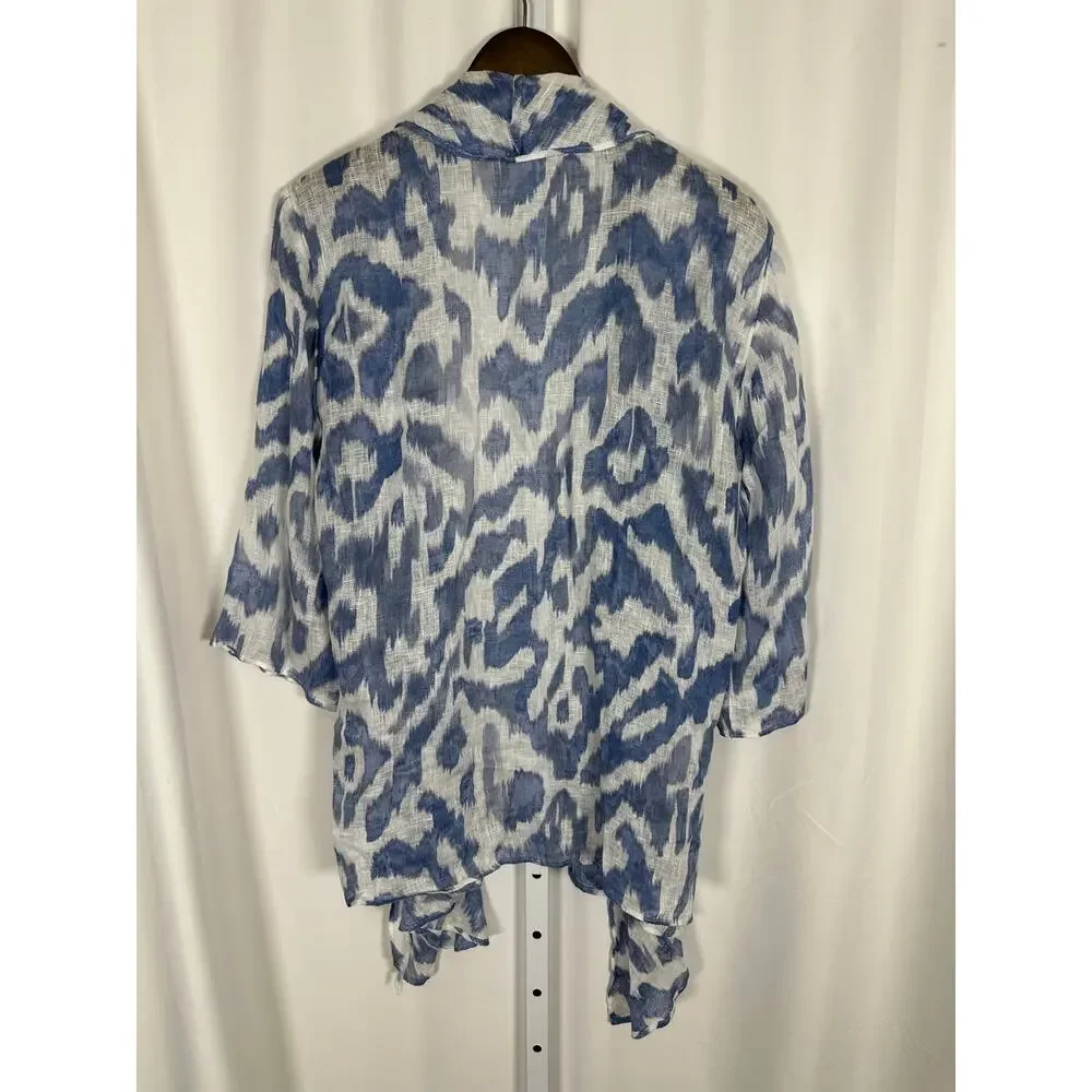 Chico's 100% Linen Open Front Cardigan Blue White Beachy Resortwear 1‎ US Sz M - Picture 6 of 8